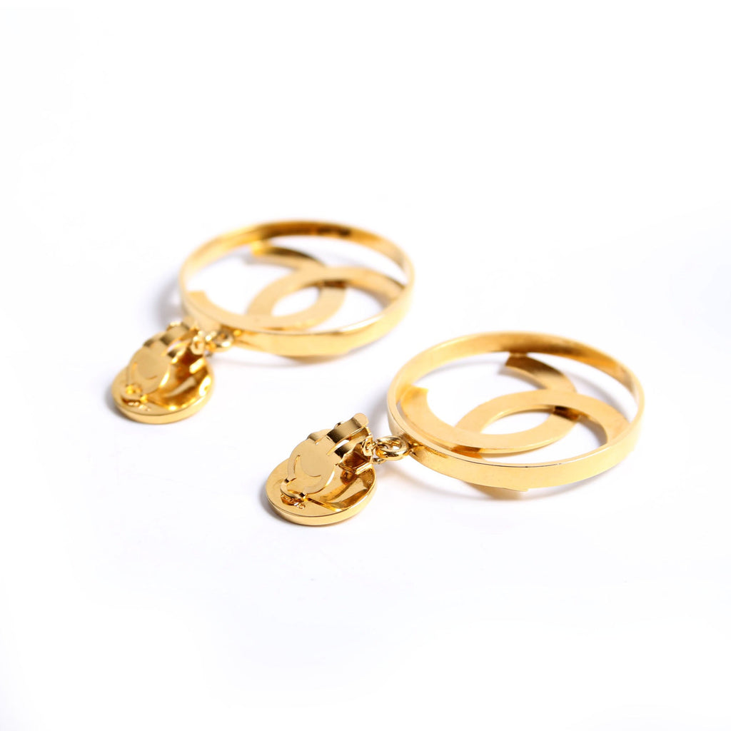 Jumbo CC Hoop Drop Earrings Clip-On Vintage Gold