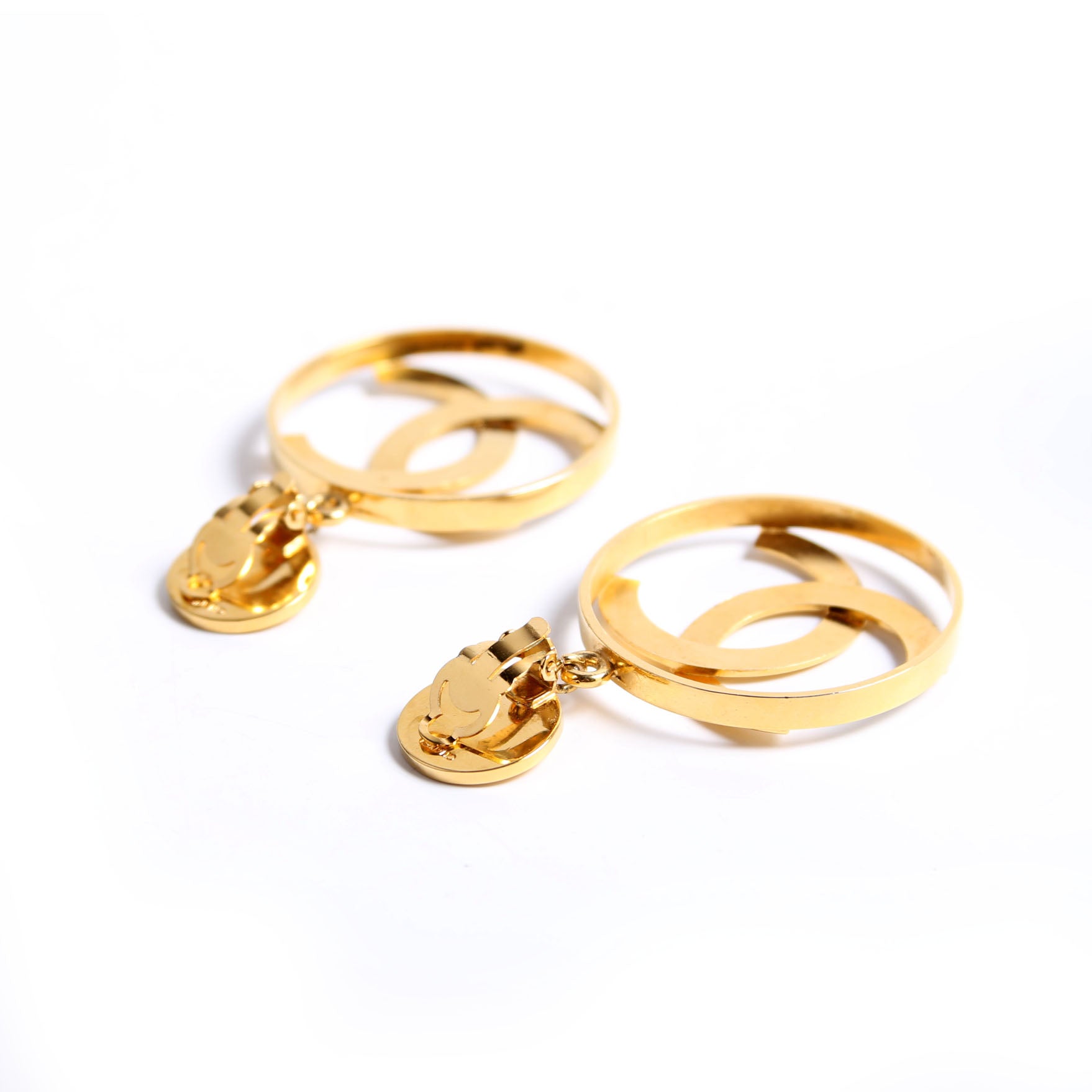 Jumbo CC Hoop Drop Earrings Clip-On Vintage Gold