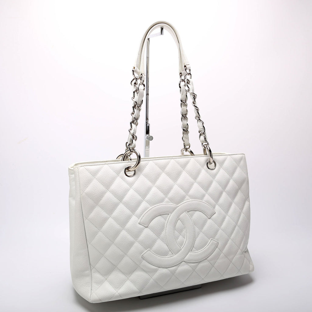Grand Shopping Tote Caviar White/Silver