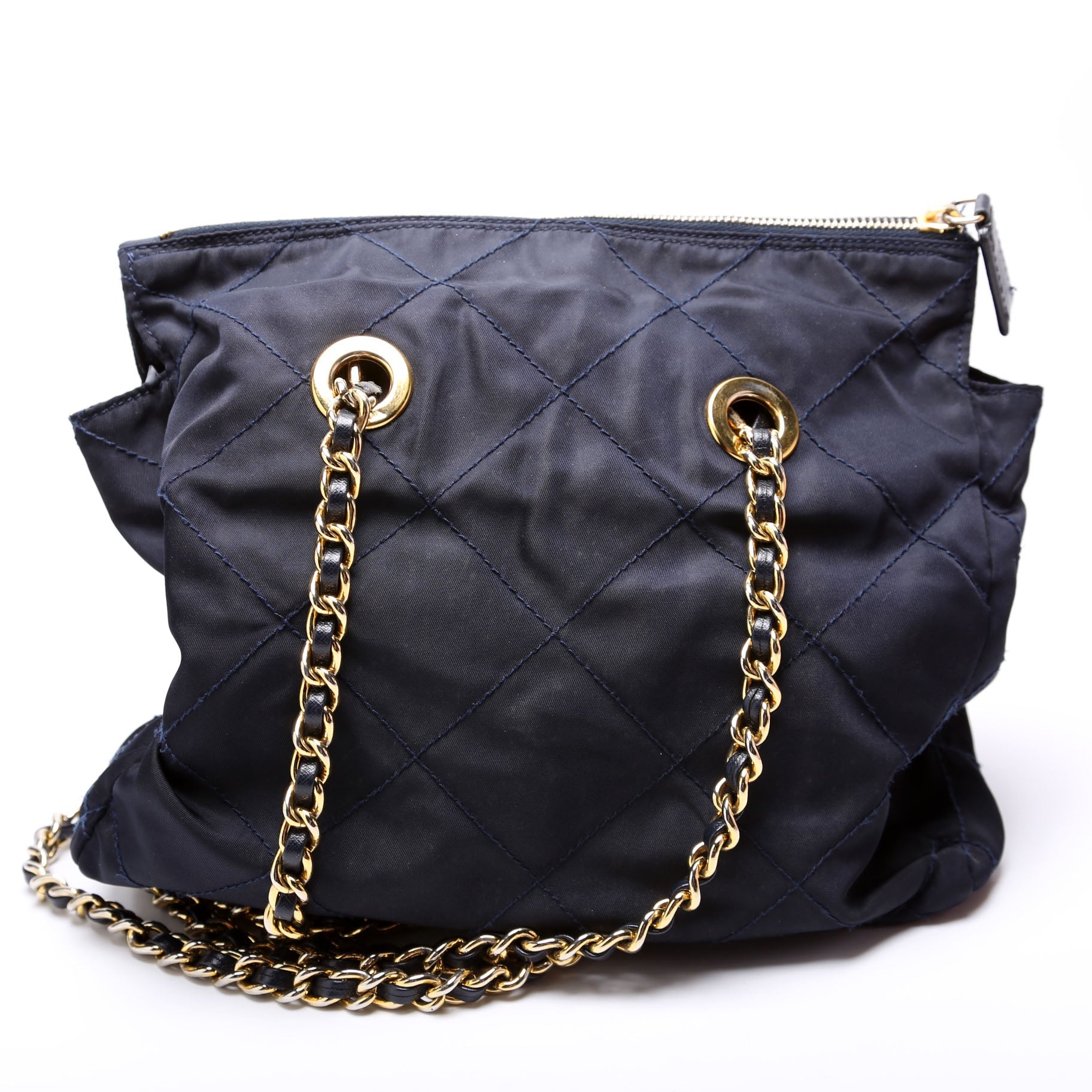Nylon Tessuto Quilted Shoulder Bag Navy/Gold