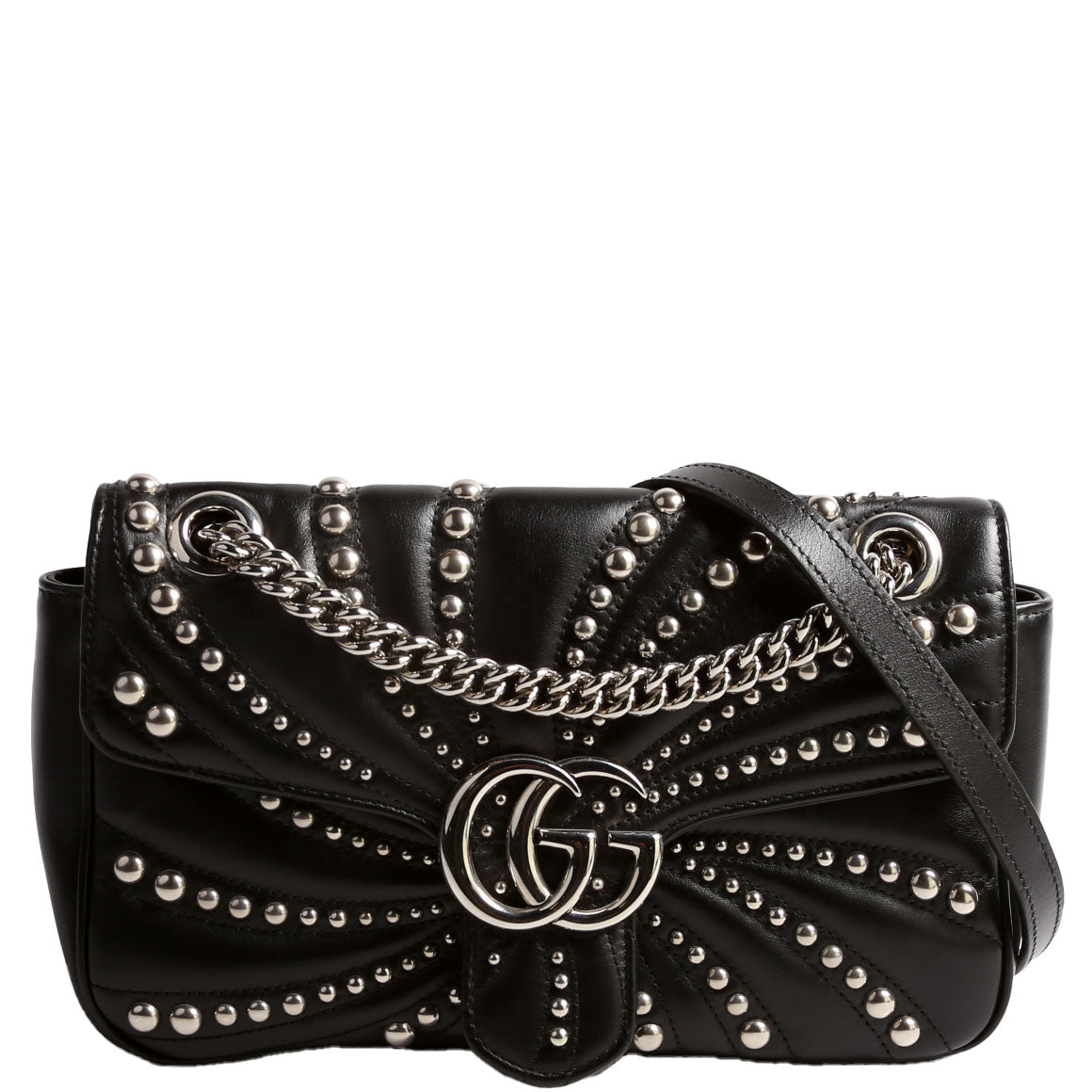443497 Marmont GG Spiral Stud Calfskin Shoulder Small Flap Black/Silver