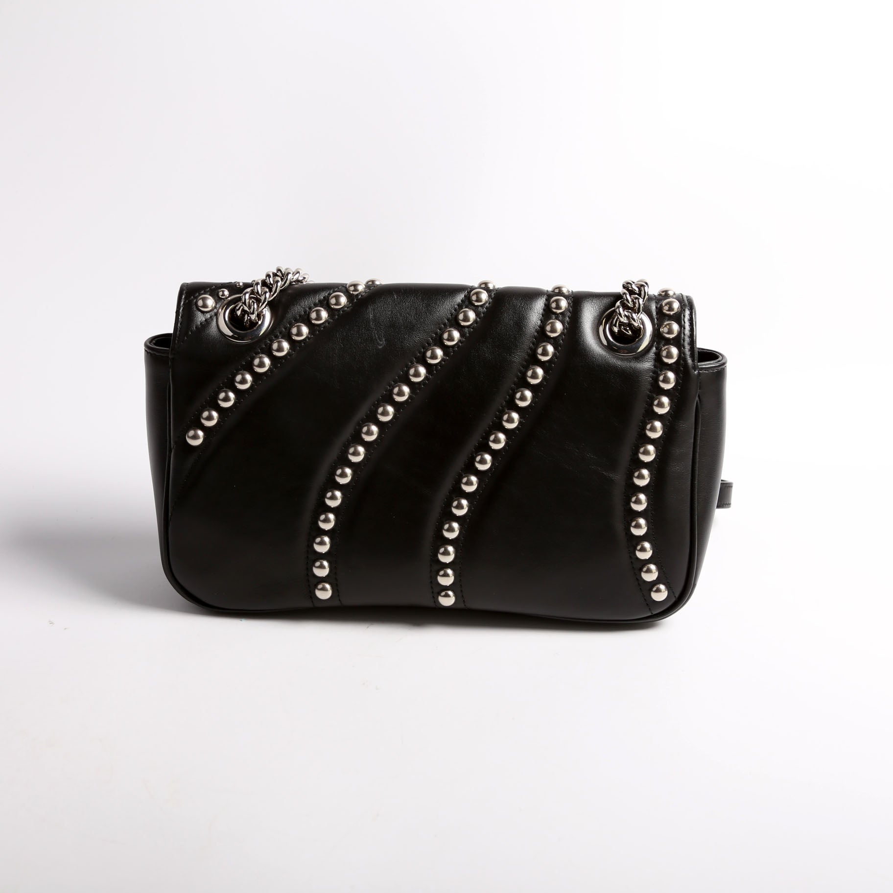 443497 Marmont GG Spiral Stud Calfskin Shoulder Small Flap Black/Silver