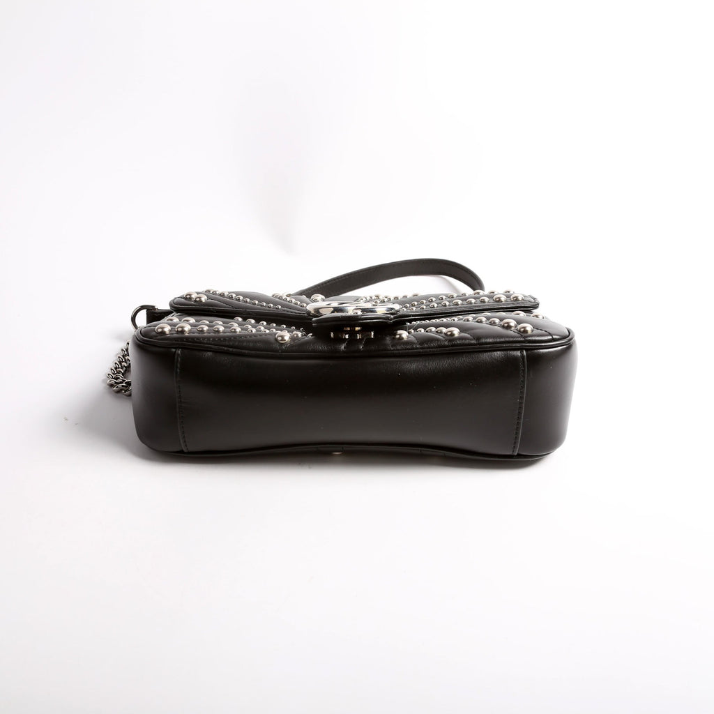 443497 Marmont GG Spiral Stud Calfskin Shoulder Small Flap Black/Silver