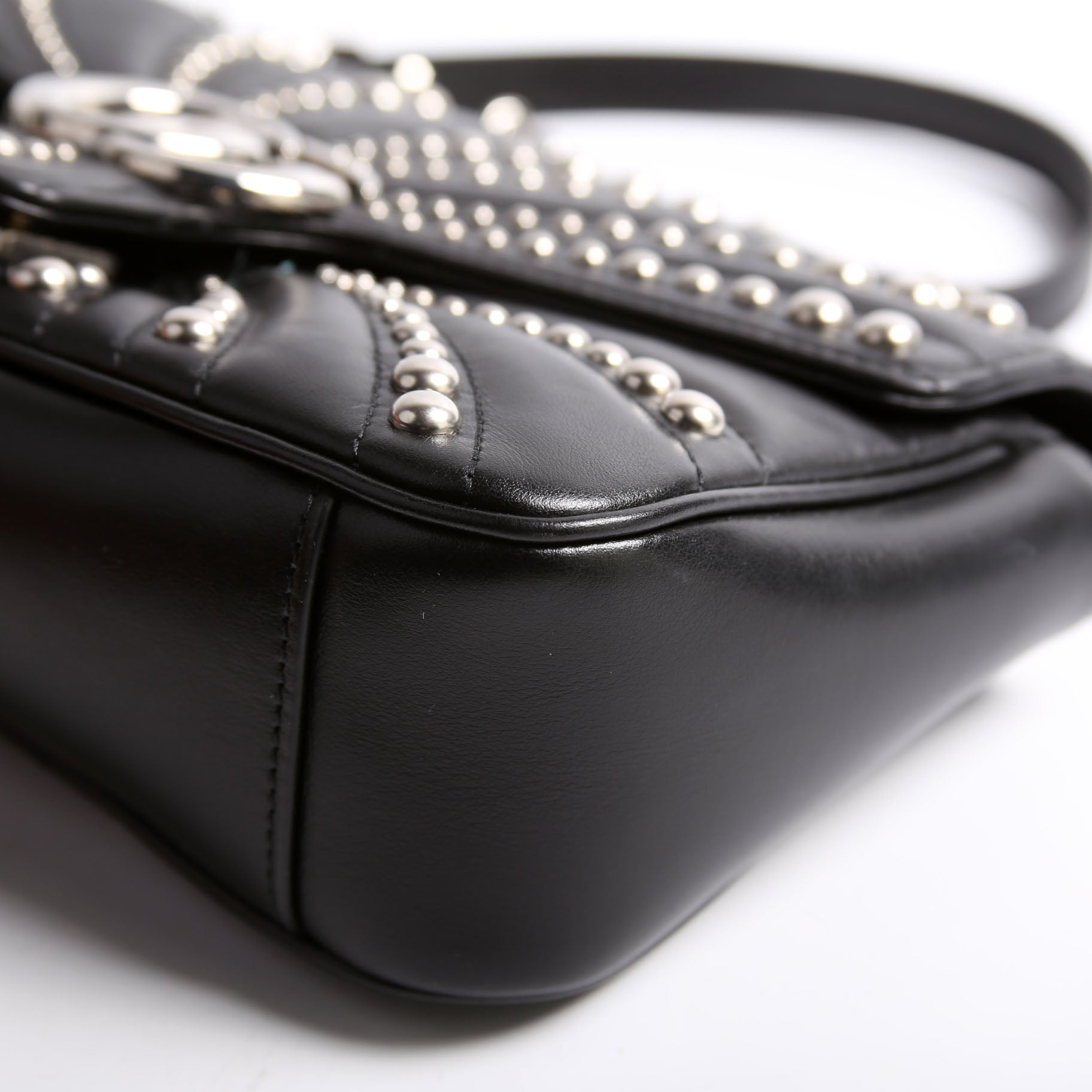 443497 Marmont GG Spiral Stud Calfskin Shoulder Small Flap Black/Silver