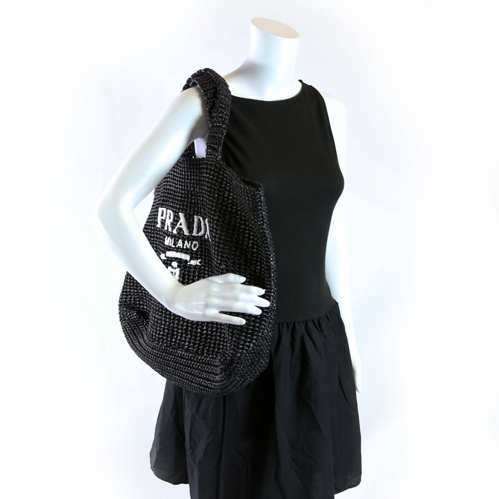 Yarn Raffia Embroidered Tote Black/White