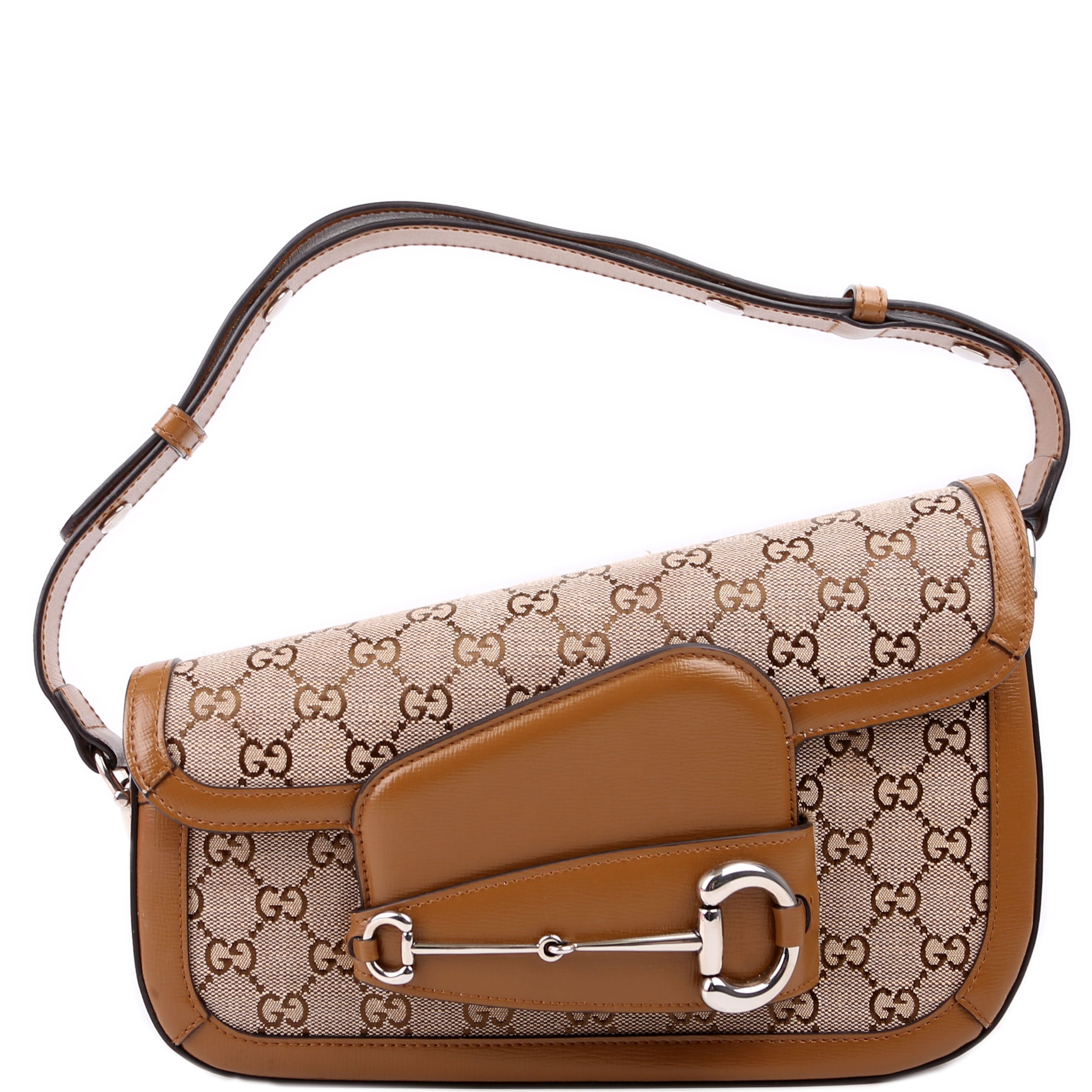 764155 Horsebit 1955 GG Canvas Asymmetric Shoulder Brown