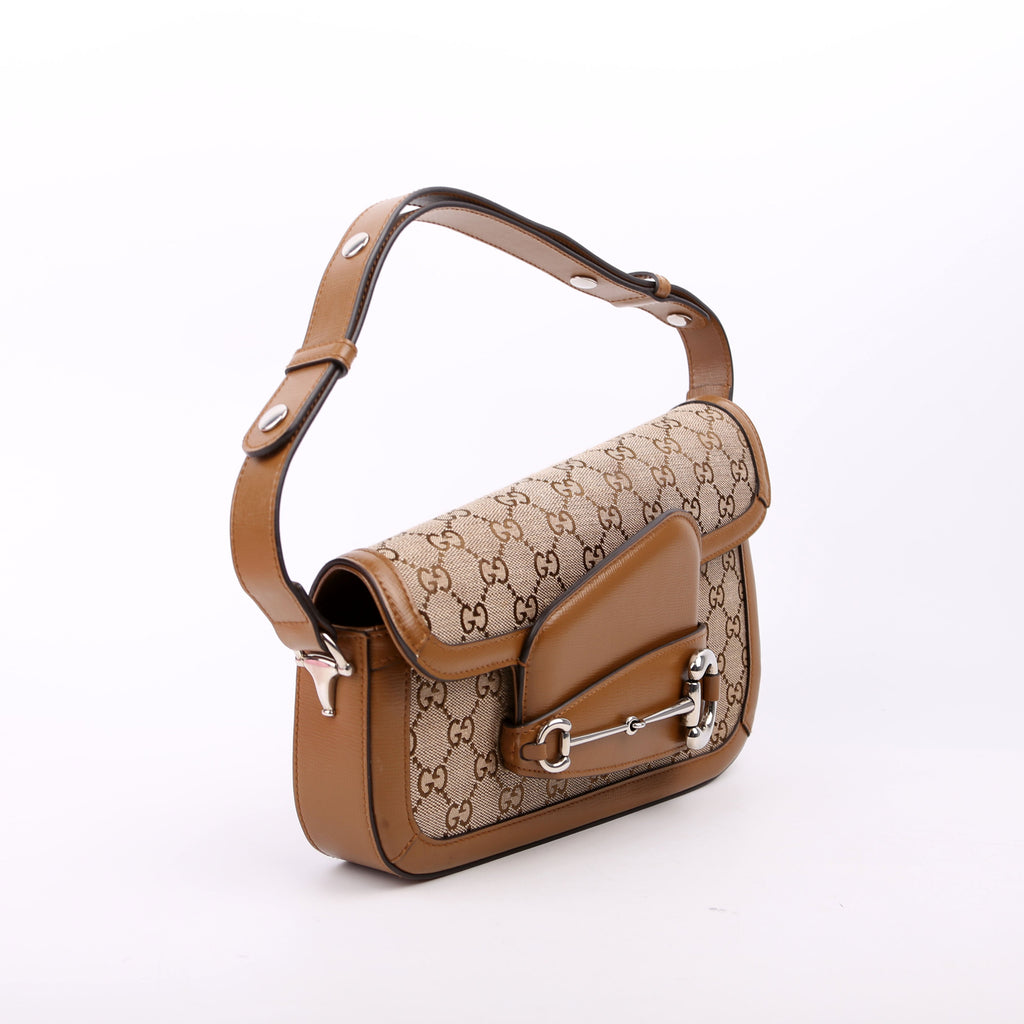 764155 Horsebit 1955 GG Canvas Asymmetric Shoulder Brown