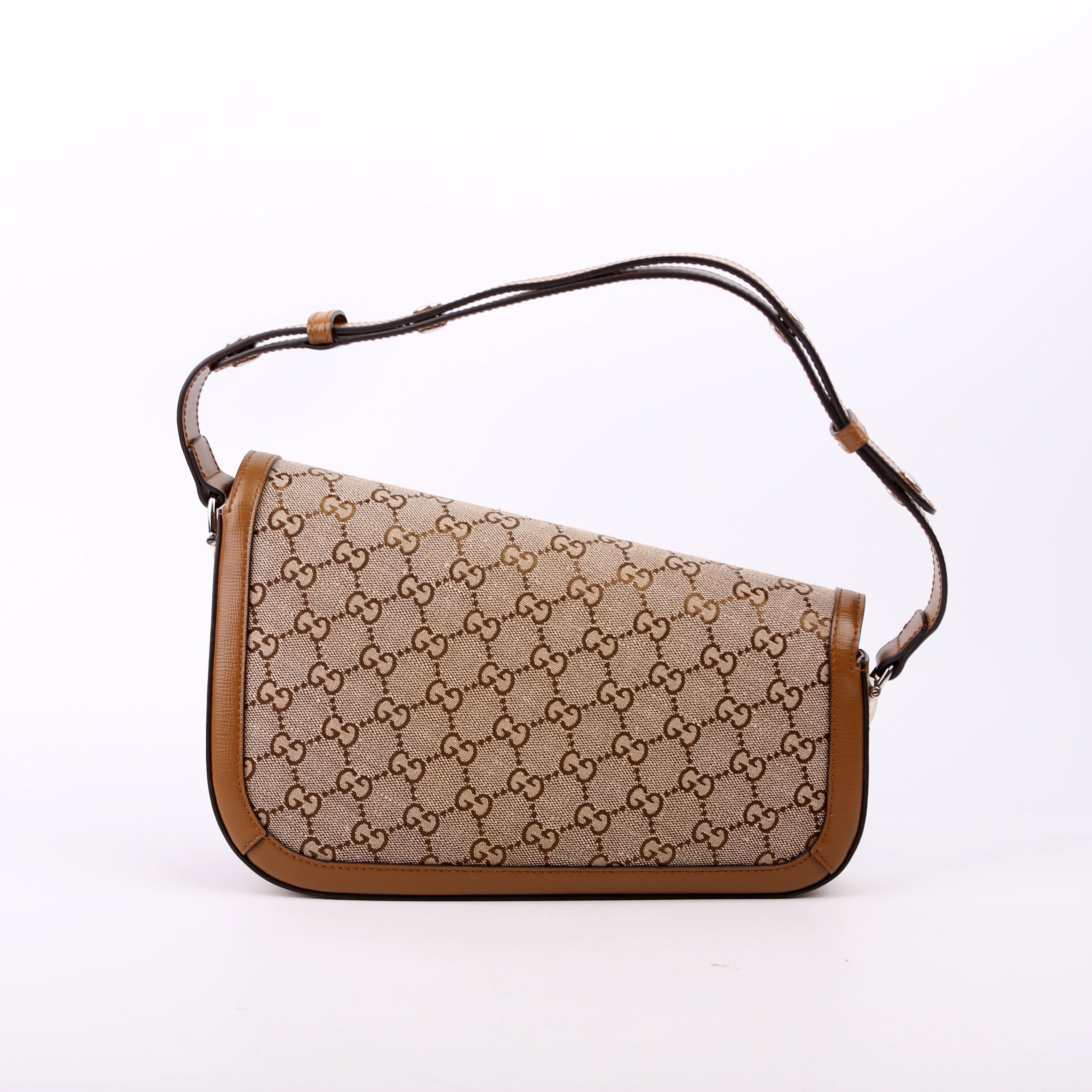 764155 Horsebit 1955 GG Canvas Asymmetric Shoulder Brown