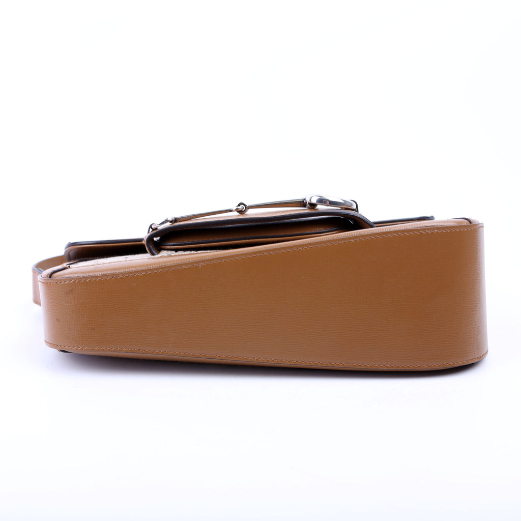 764155 Horsebit 1955 GG Canvas Asymmetric Shoulder Brown
