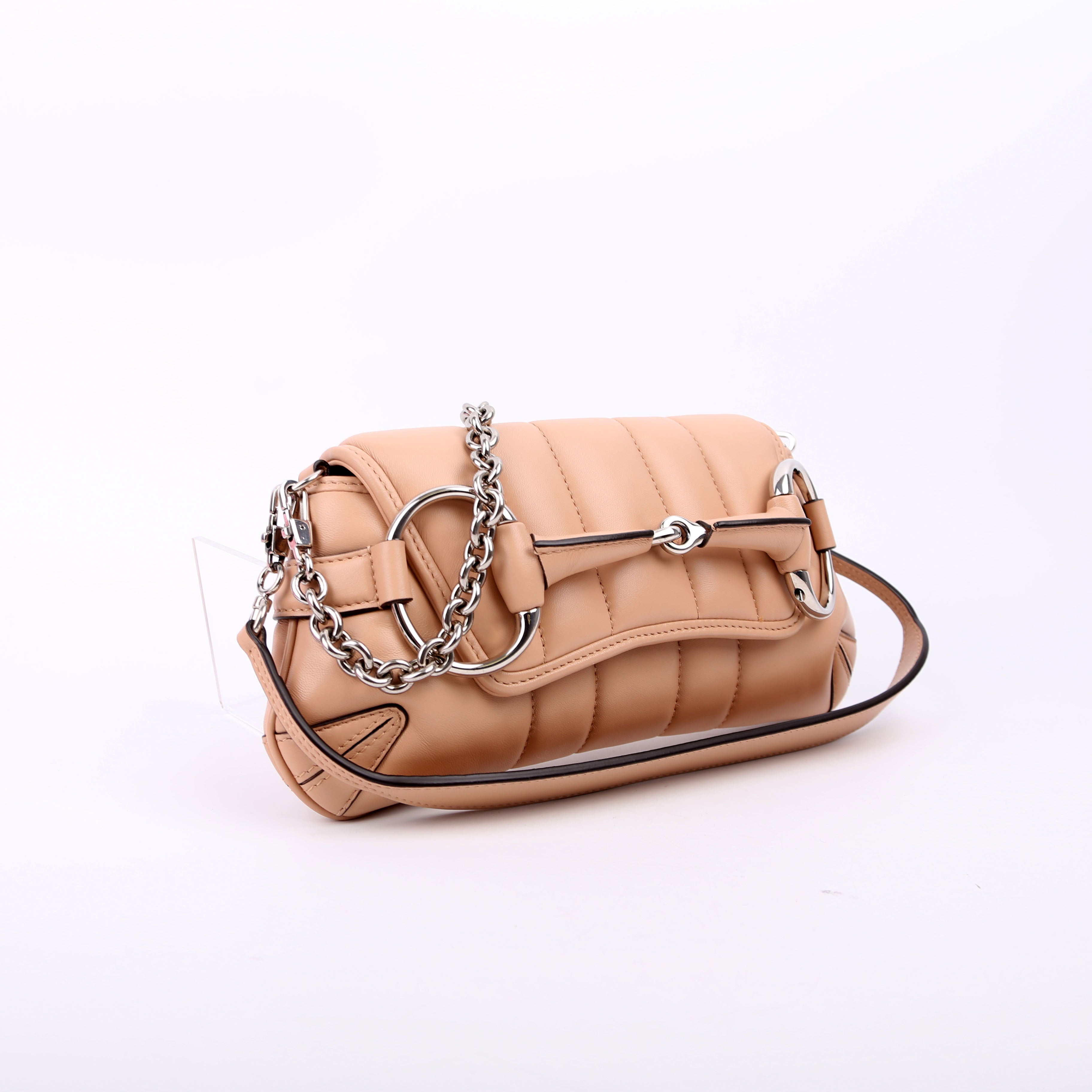 Gucci 764339 Vertical Quilted Maxi Horsebit Chain Medium Shoulder Bag Tan