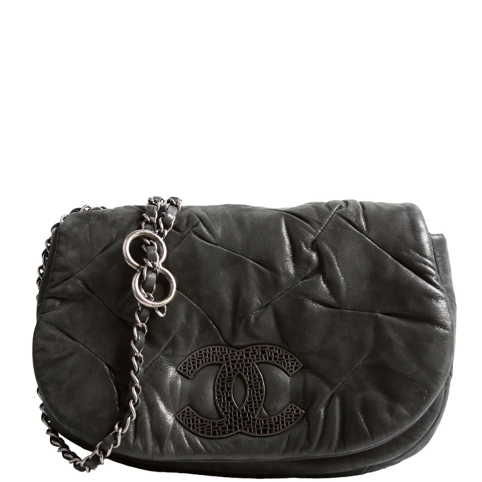 Glint Accordion Flap Iridescent Calfskin Black