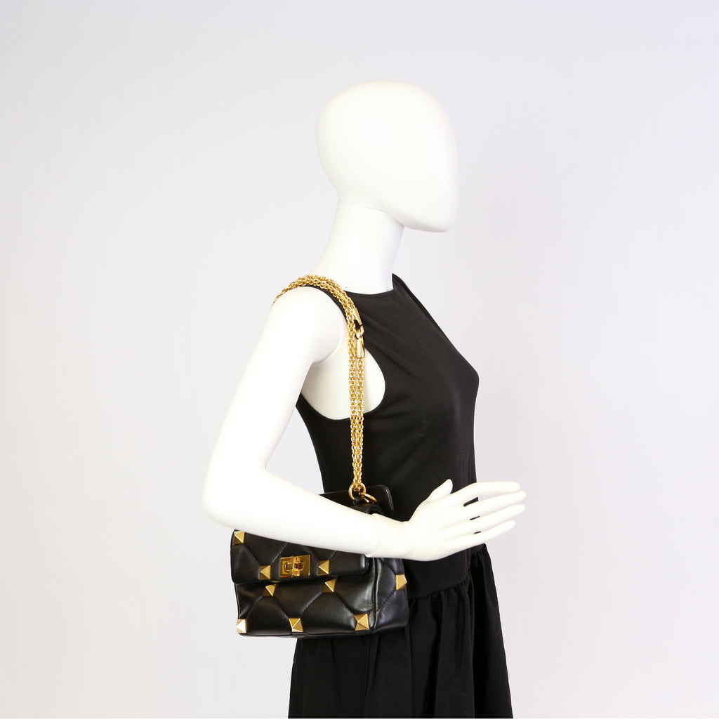 Roman Stud Medium Shoulder Bag Black