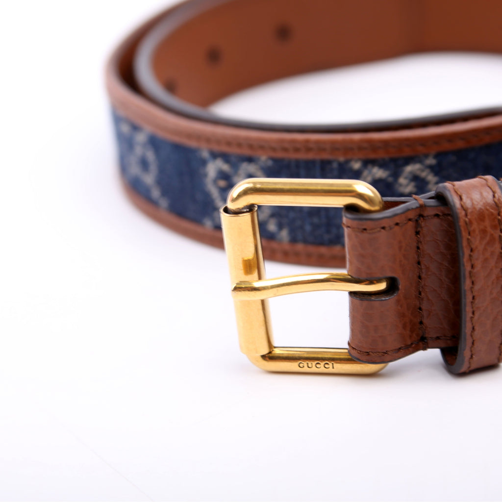 678694 New Denim GG Monogram Calfskin Belt Size 80/32