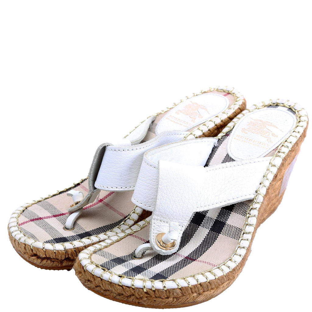 Check/Leather Espadrille Wedges Size 36 White