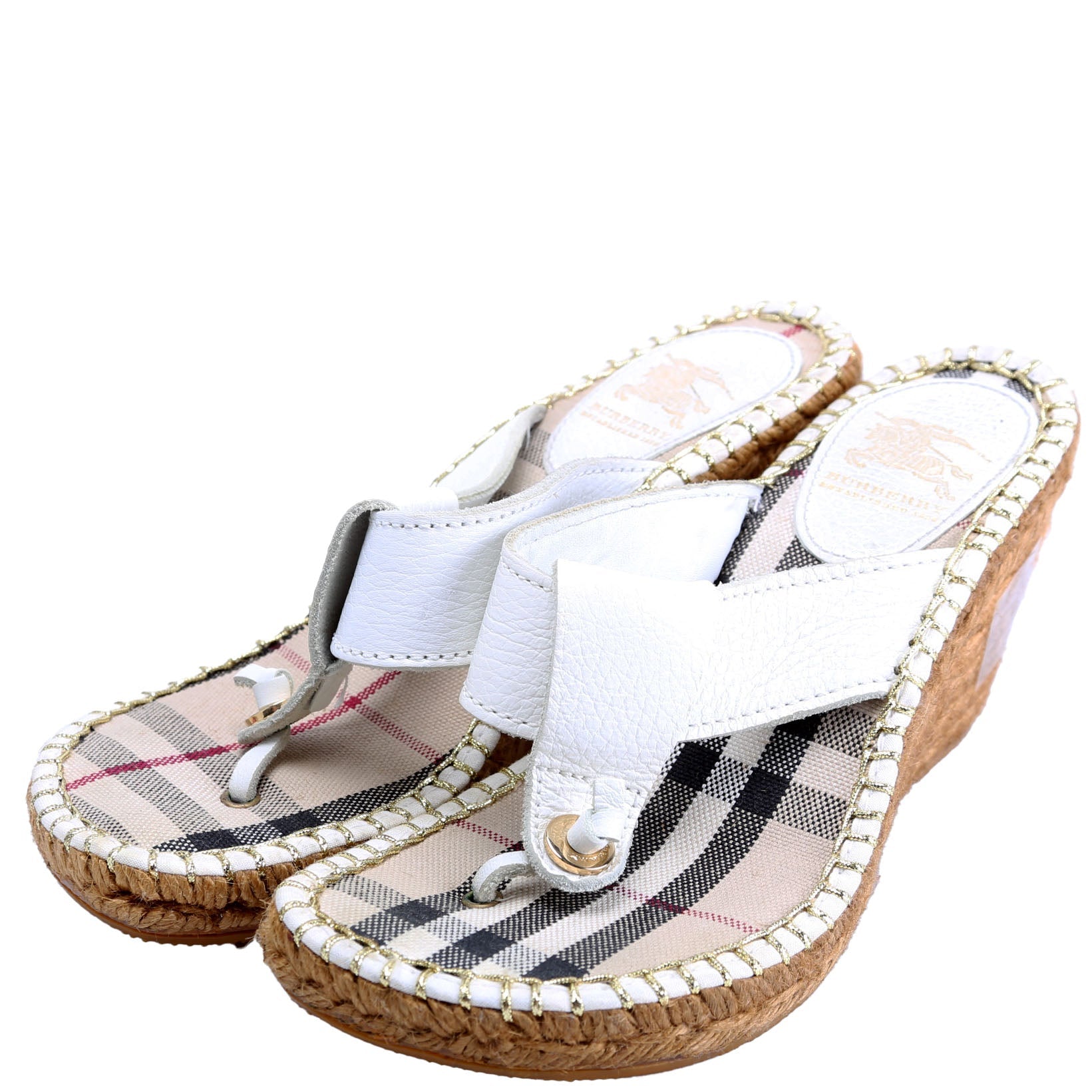 Check/Leather Espadrille Wedges Size 36 White