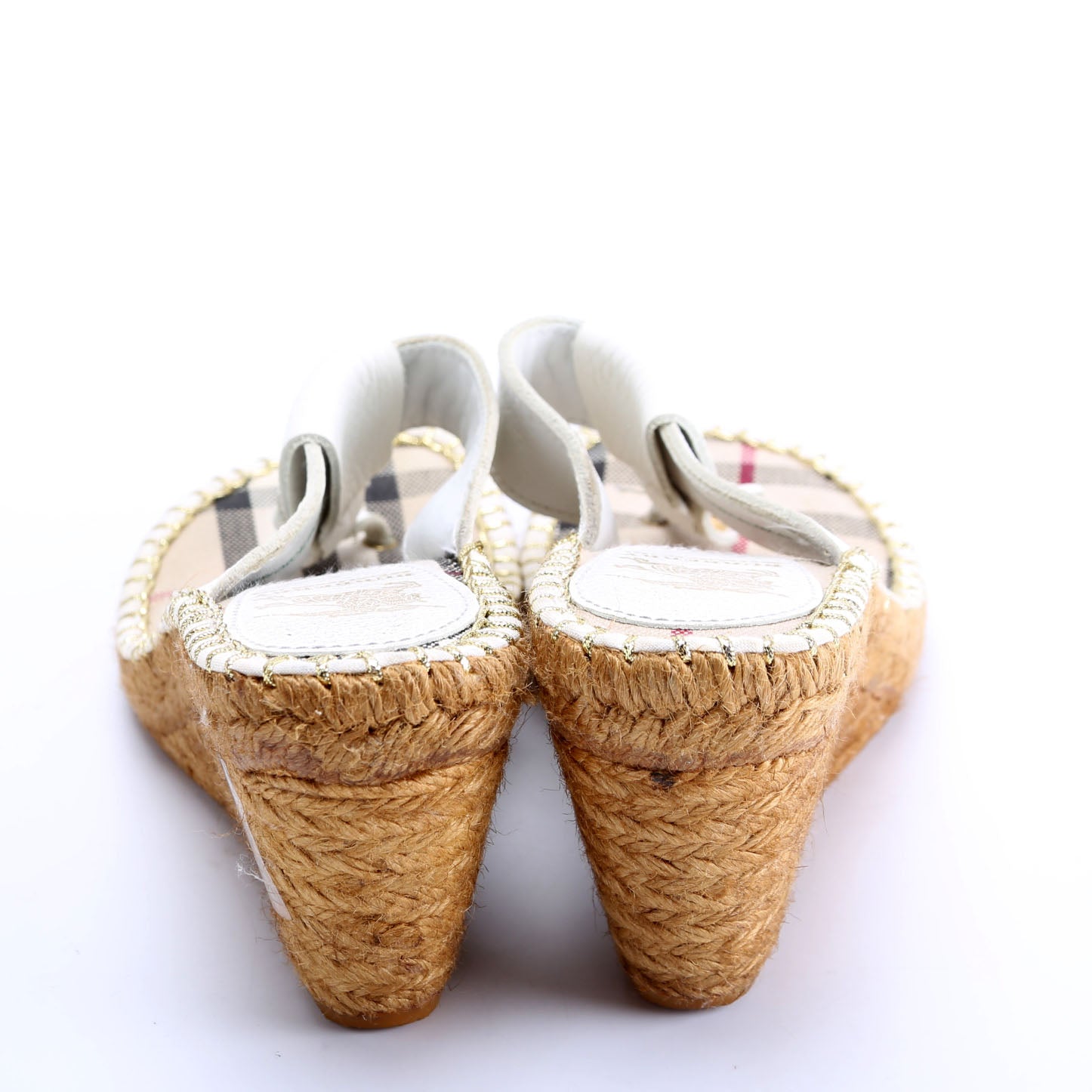 Check/Leather Espadrille Wedges Size 36 White