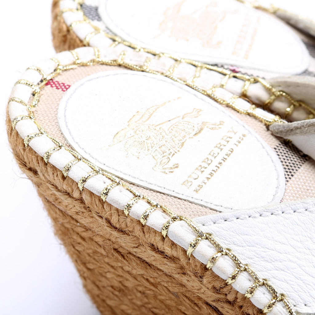 Check/Leather Espadrille Wedges Size 36 White