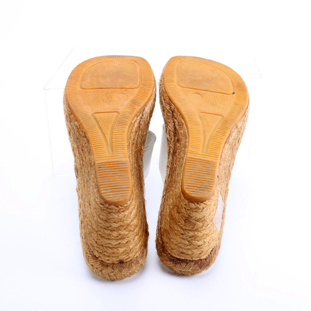 Check/Leather Espadrille Wedges Size 36 White