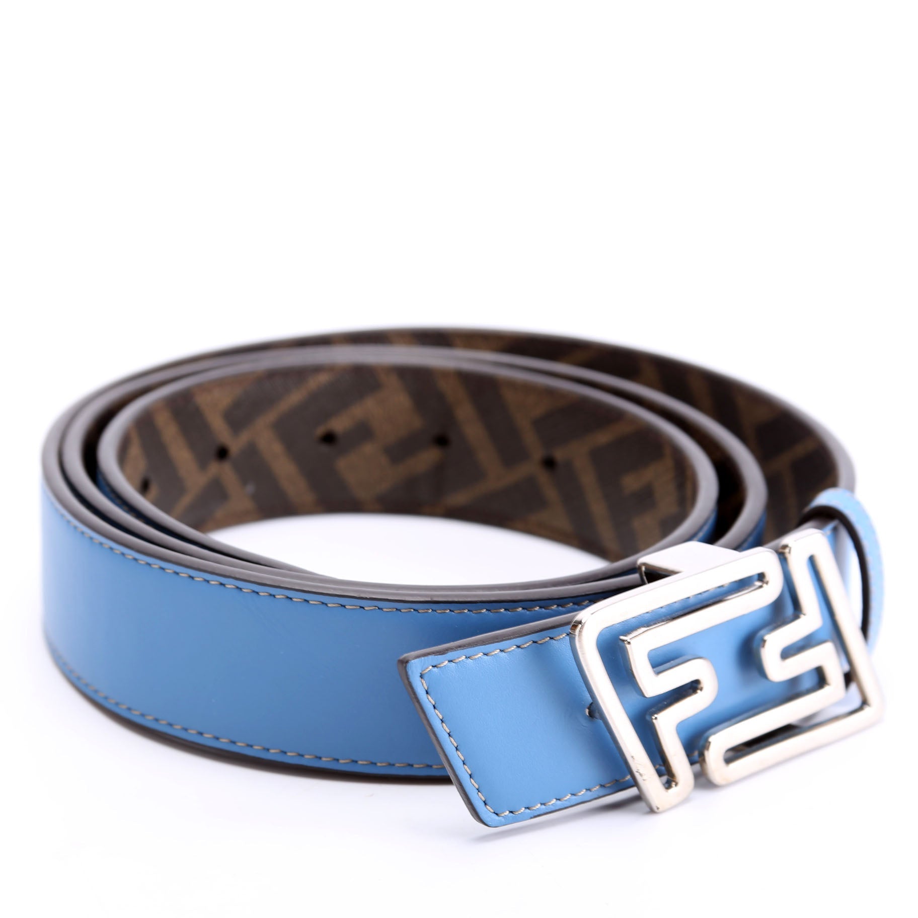 Fendi The Faster Reversible FF/Leather Belt Size 105/42 Blue/Brown