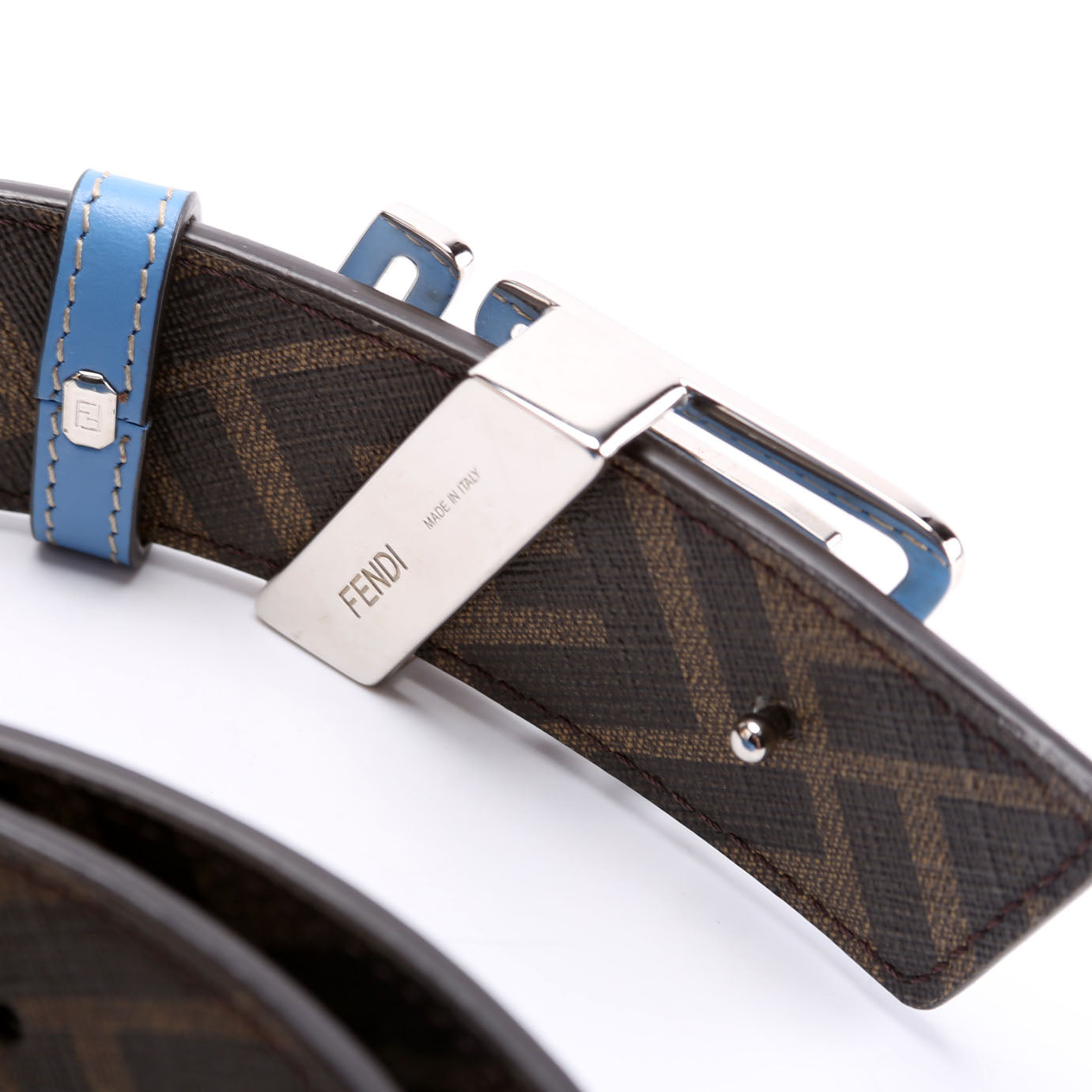 Fendi The Faster Reversible FF/Leather Belt Size 105/42 Blue/Brown