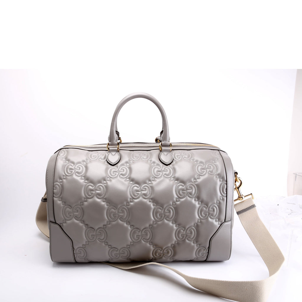 700762 GG Matelasse Calfskin Duffle Medium Gray