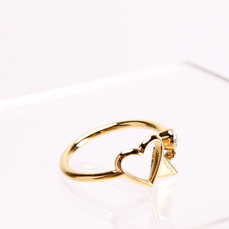 Triangle Logo Heart Crystal Ring Size 6.5 Gold