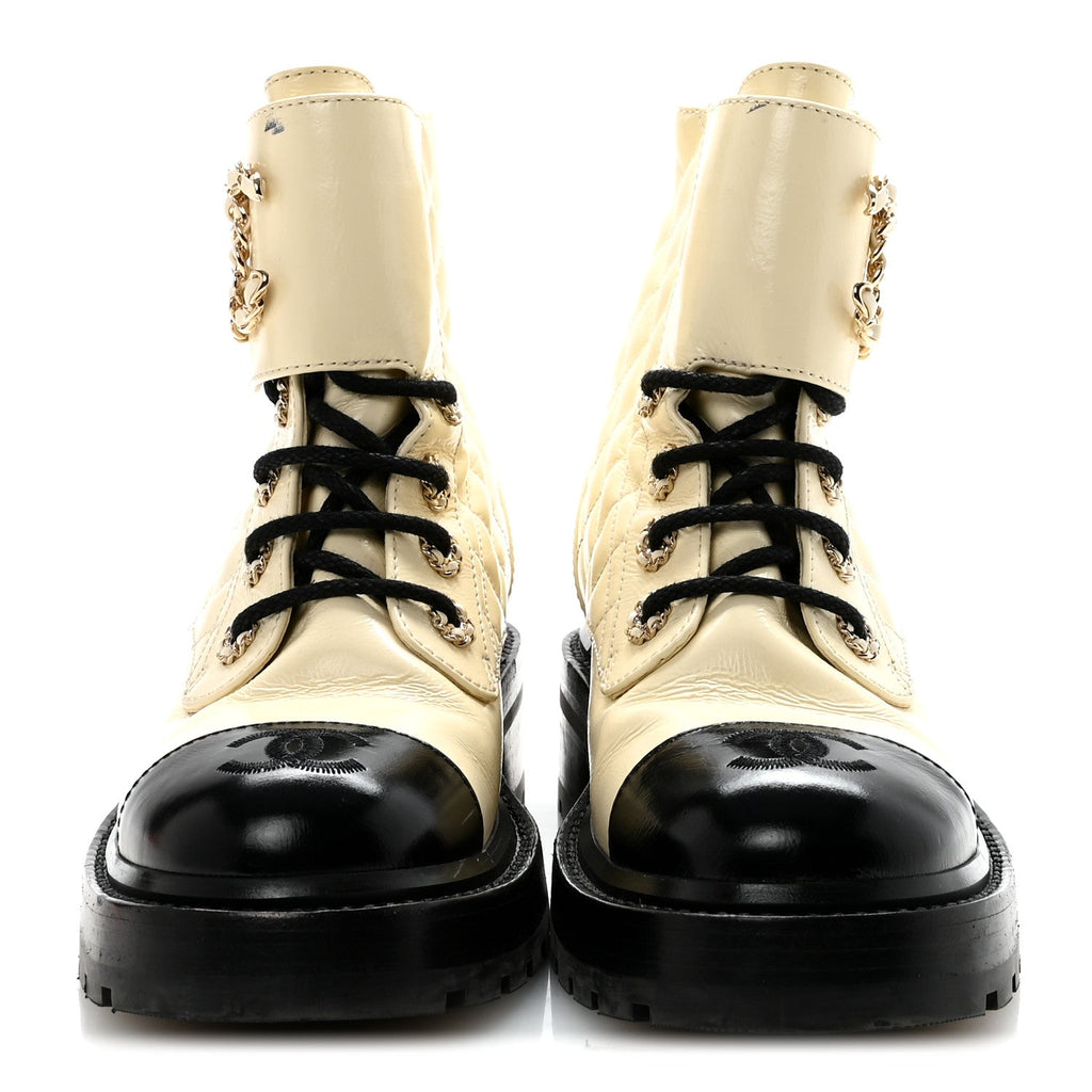 Chanel Shiny Goatskin Calfskin Quilted Lace Up Combat Boots 36 Ivory Black