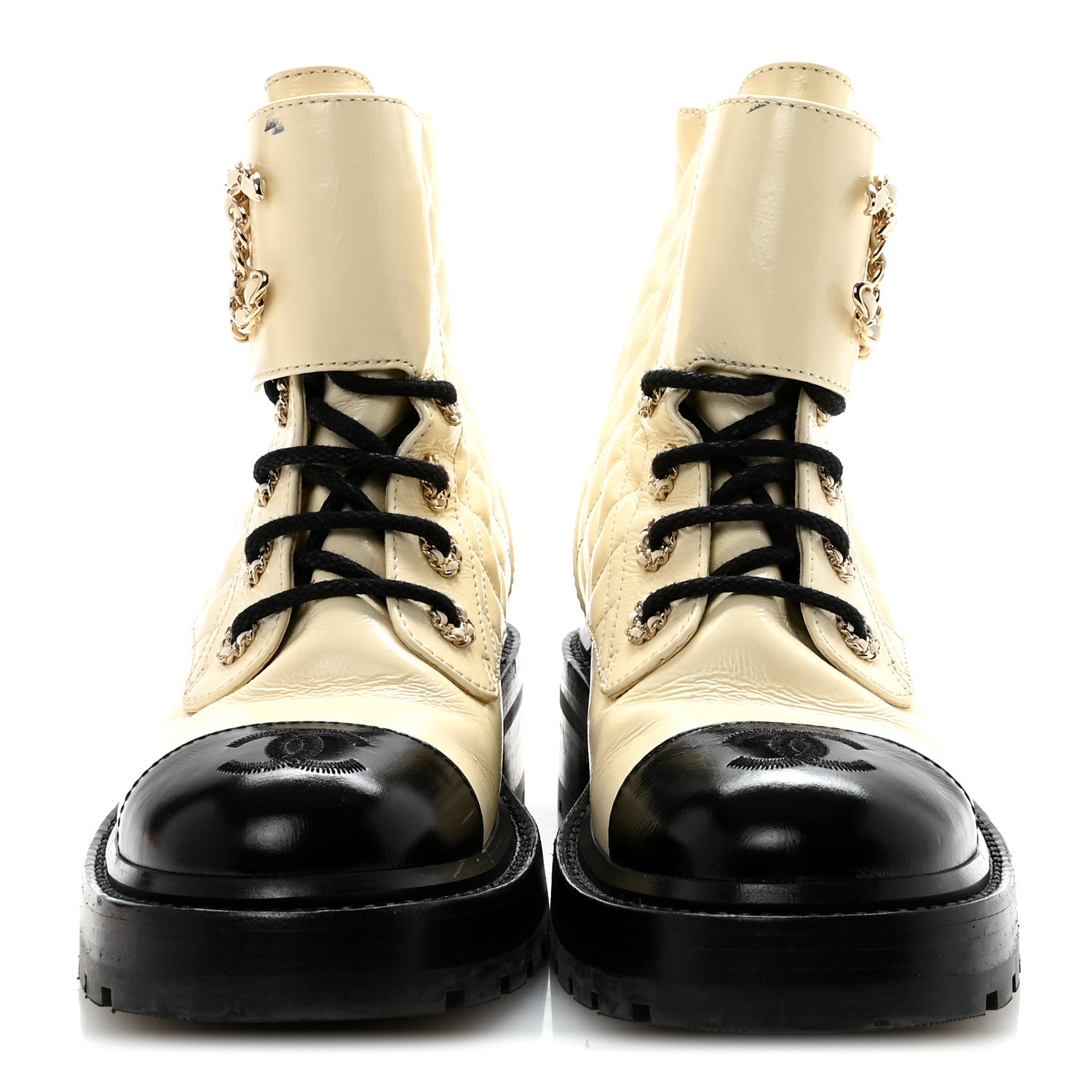 Chanel Shiny Goatskin Calfskin Quilted Lace Up Combat Boots 36 Ivory Black