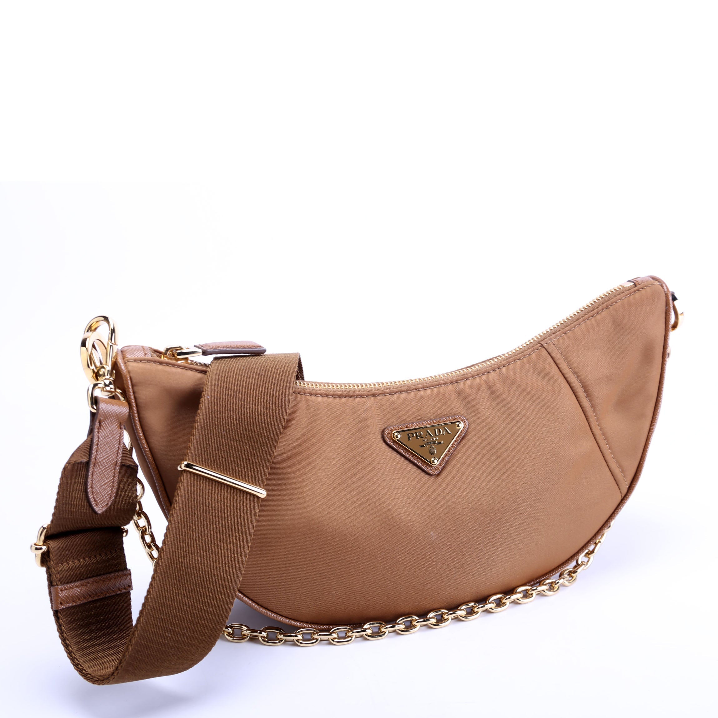 Prada 1BH222 Demi-Lune Re-Nylon Shoulder Tan