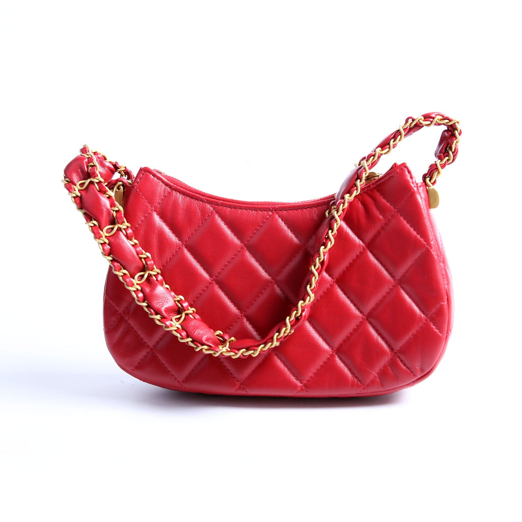 Braided CC Small Hobo Crumpled Calfskin RFID Red