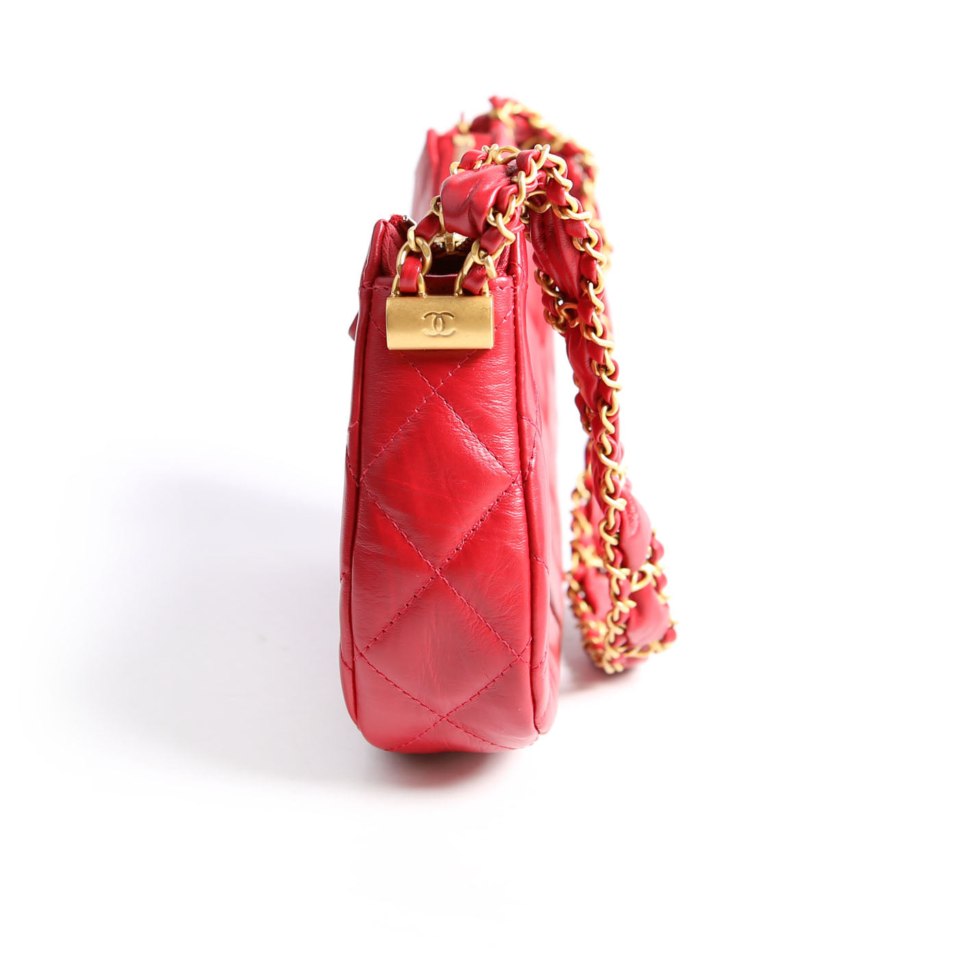 Braided CC Small Hobo Crumpled Calfskin RFID Red
