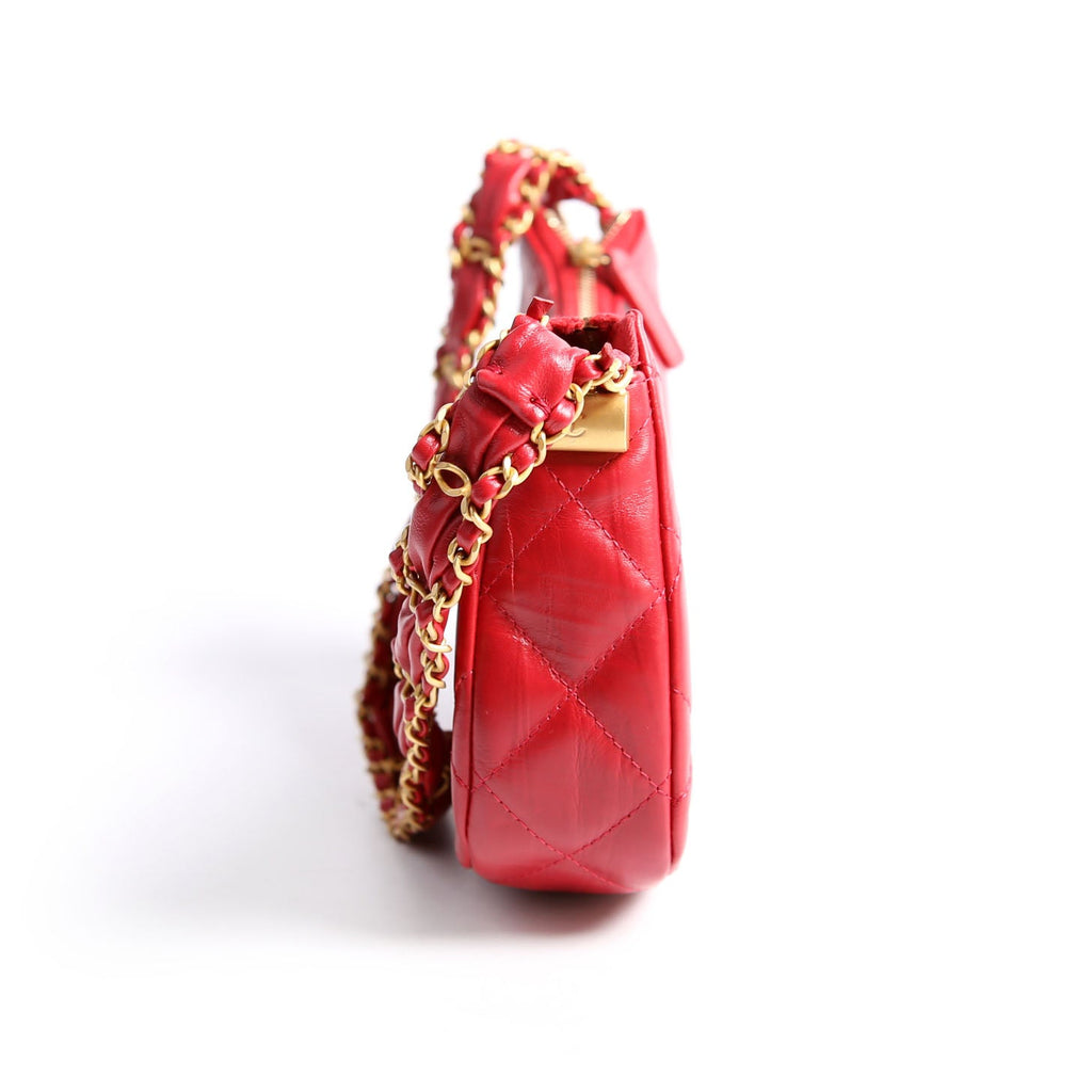 Braided CC Small Hobo Crumpled Calfskin RFID Red