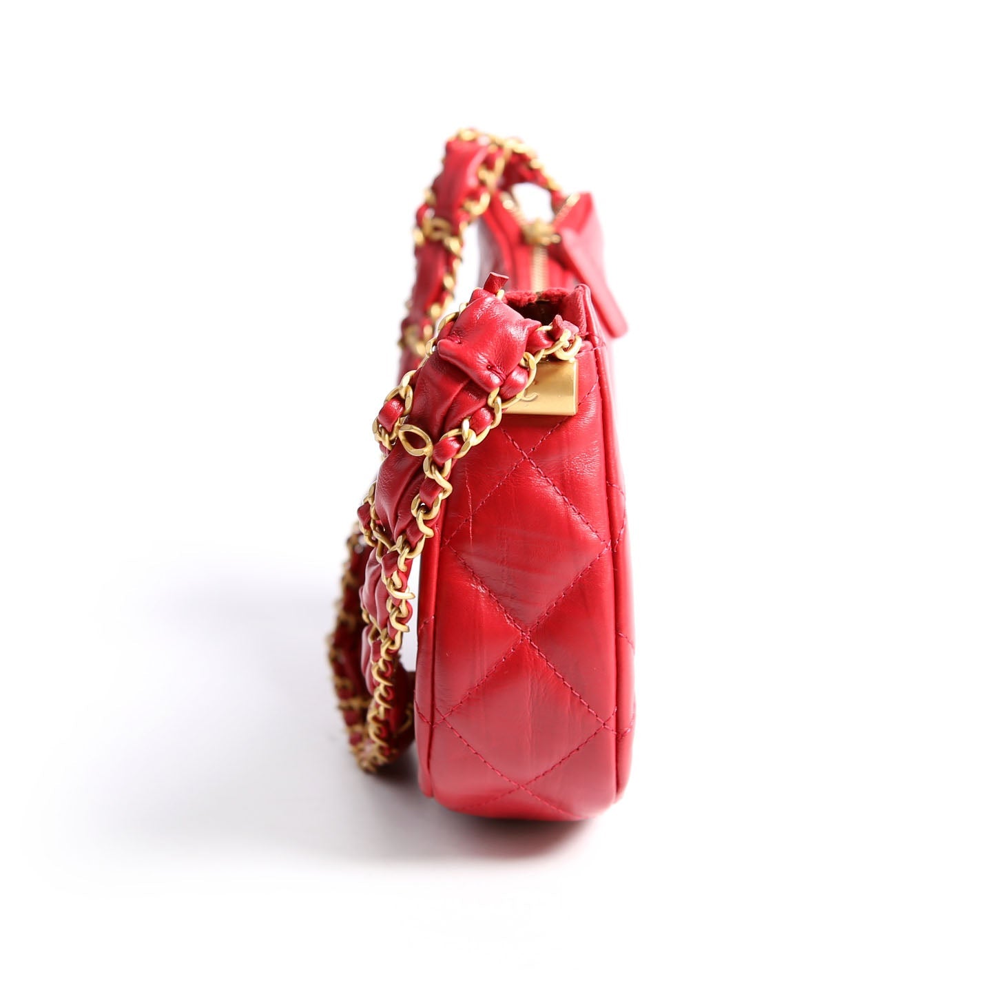 Braided CC Small Hobo Crumpled Calfskin RFID Red