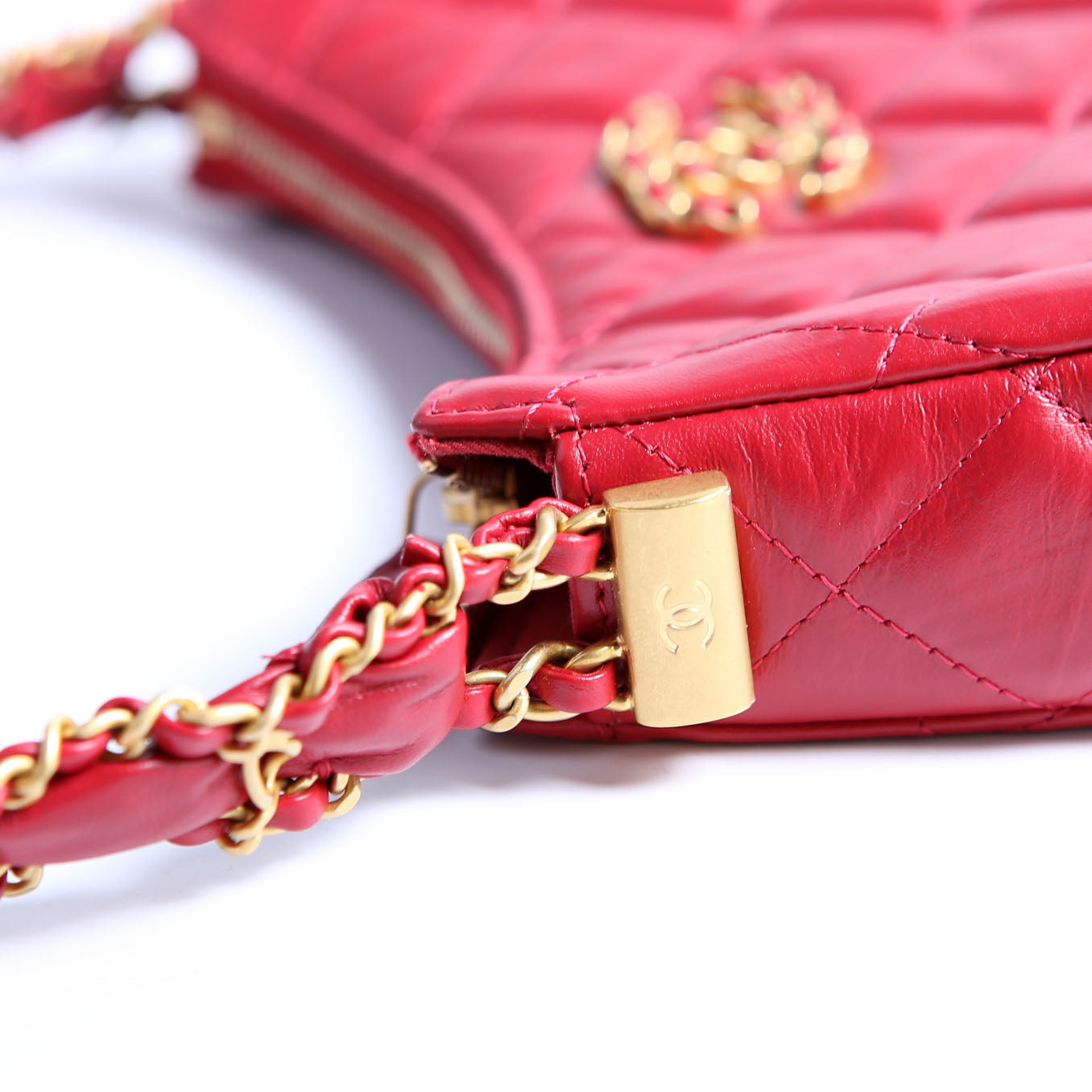 Braided CC Small Hobo Crumpled Calfskin RFID Red