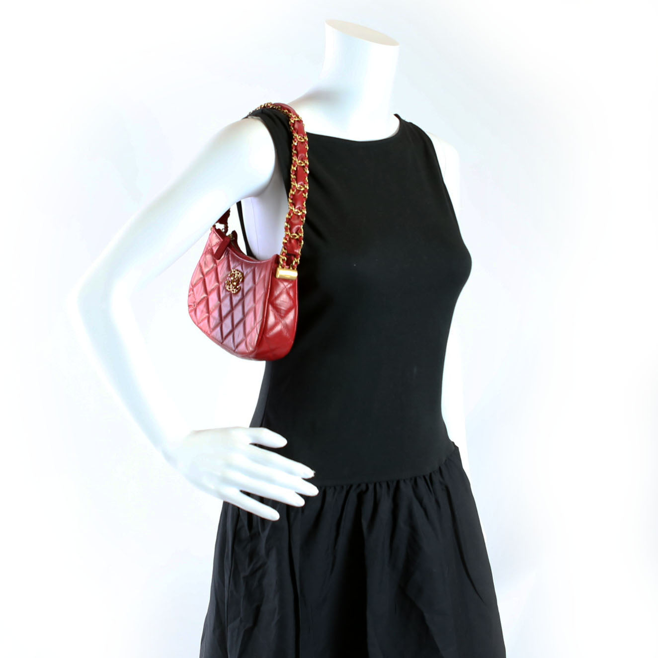 Braided CC Small Hobo Crumpled Calfskin RFID Red