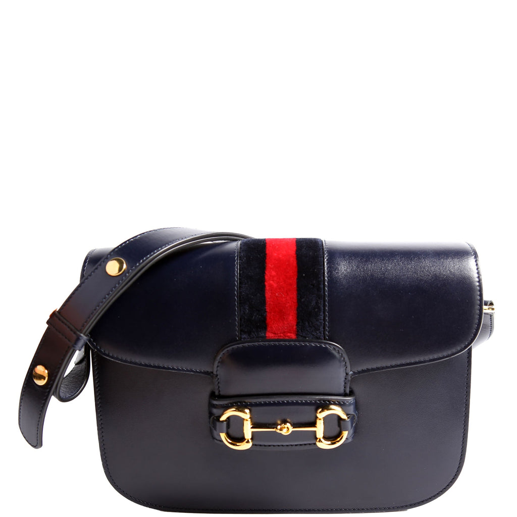 Gucci 602204 Horsebit 1955 Leather Velvet Shoulder Bag Navy