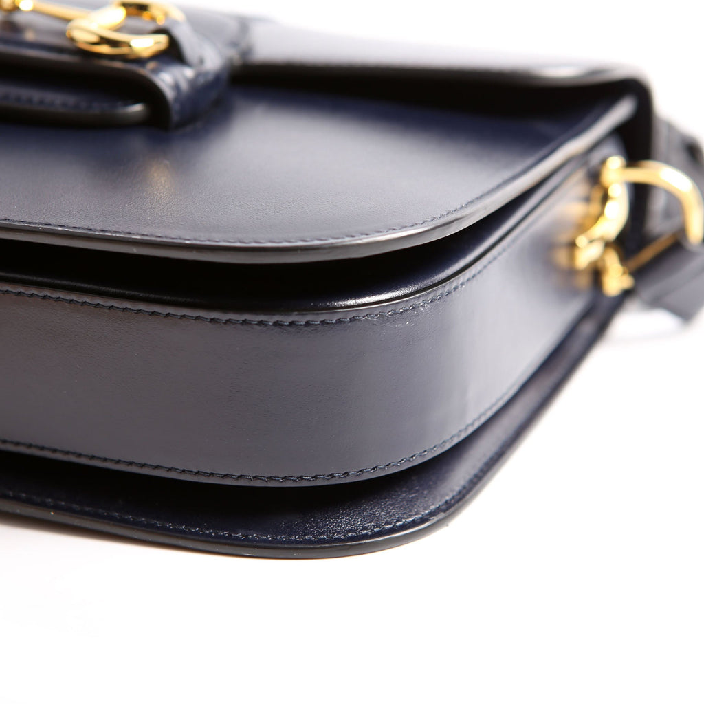 Gucci 602204 Horsebit 1955 Leather Velvet Shoulder Bag Navy