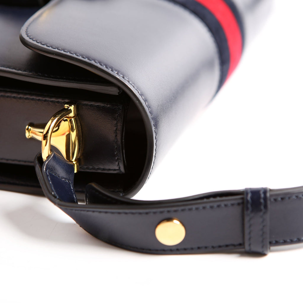 Gucci 602204 Horsebit 1955 Leather Velvet Shoulder Bag Navy