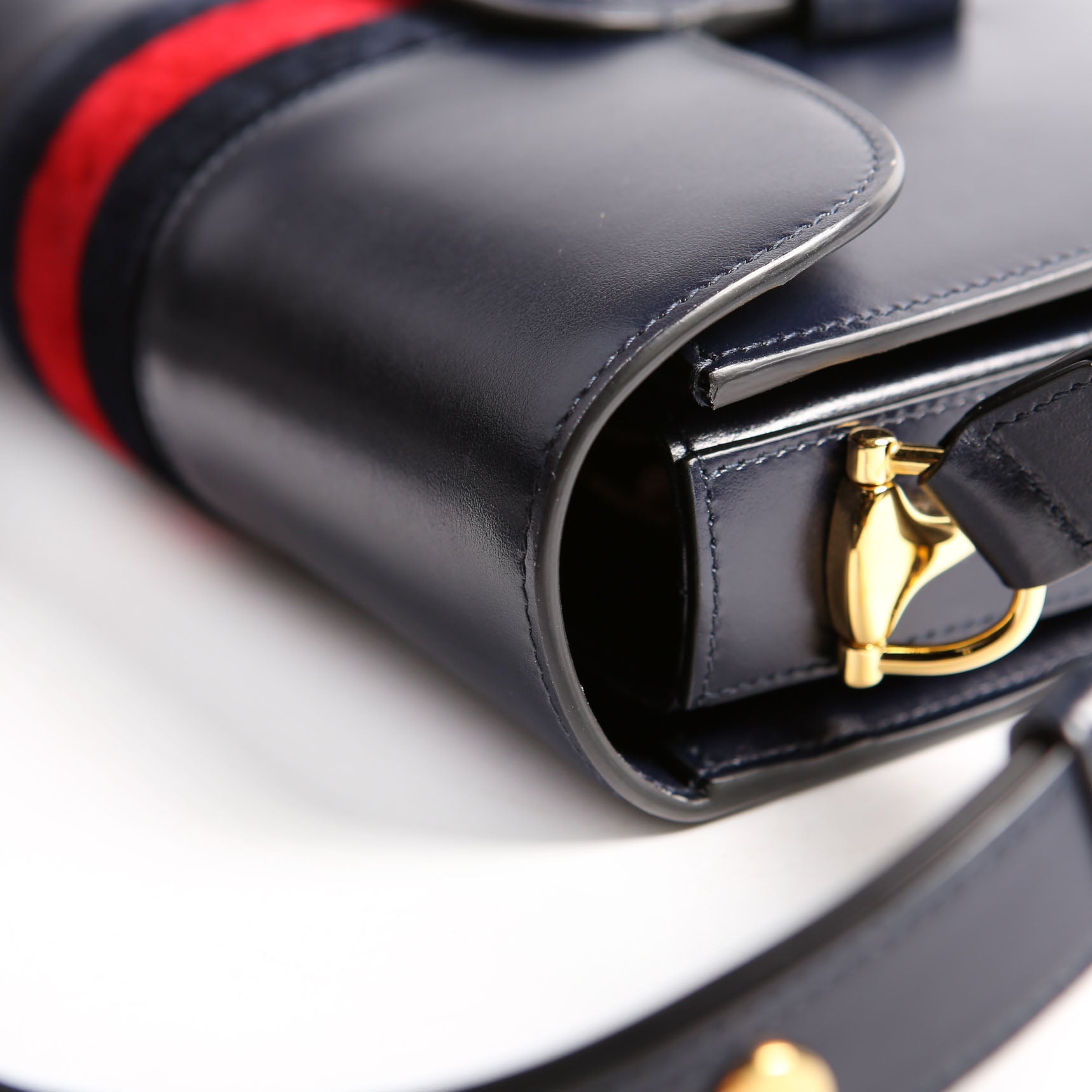 Gucci 602204 Horsebit 1955 Leather Velvet Shoulder Bag Navy