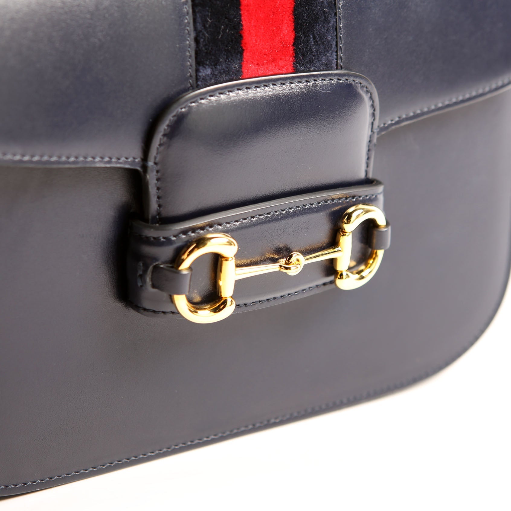 Gucci 602204 Horsebit 1955 Leather Velvet Shoulder Bag Navy