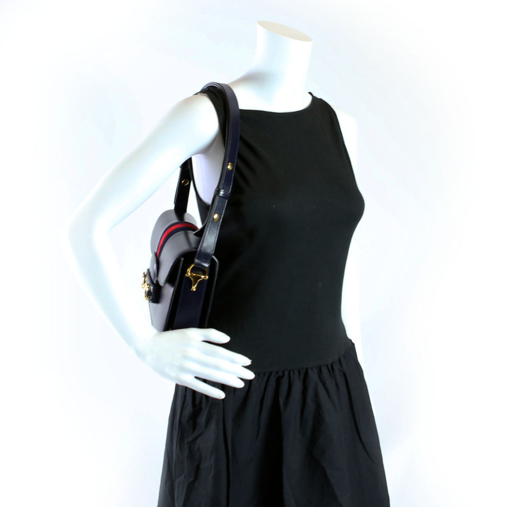 Gucci 602204 Horsebit 1955 Leather Velvet Shoulder Bag Navy