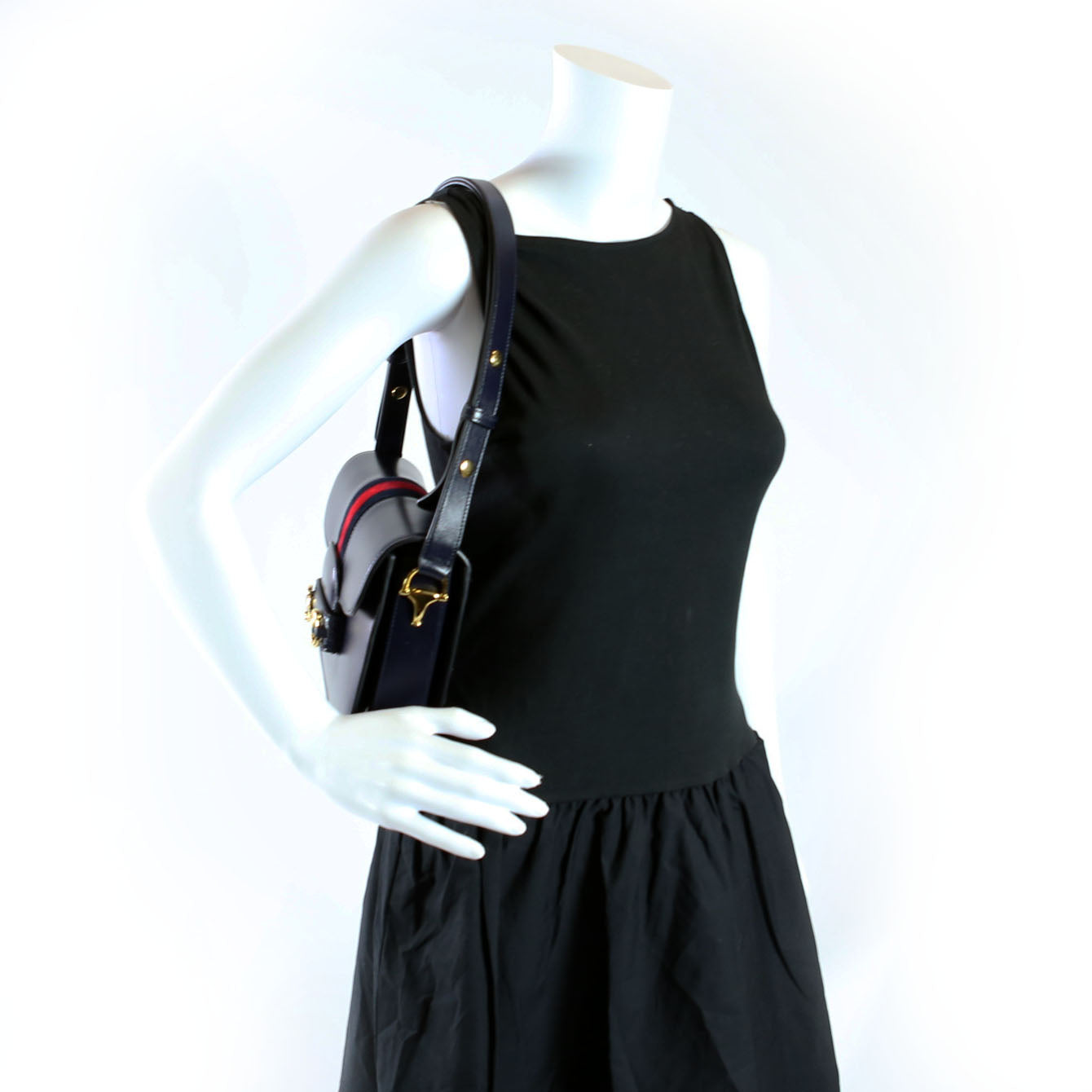 Gucci 602204 Horsebit 1955 Leather Velvet Shoulder Bag Navy
