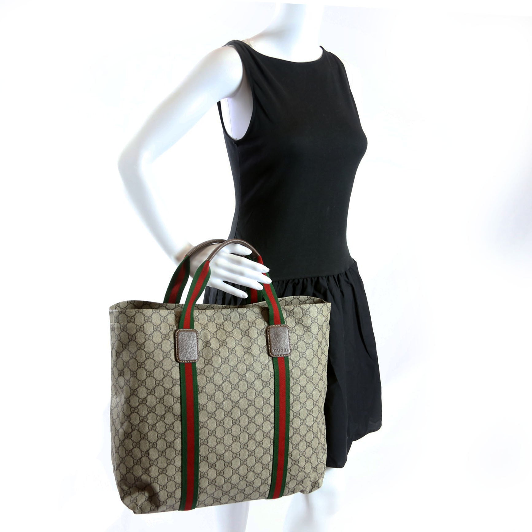 Gucci 763287 GG Supreme Web Tote Large Brown