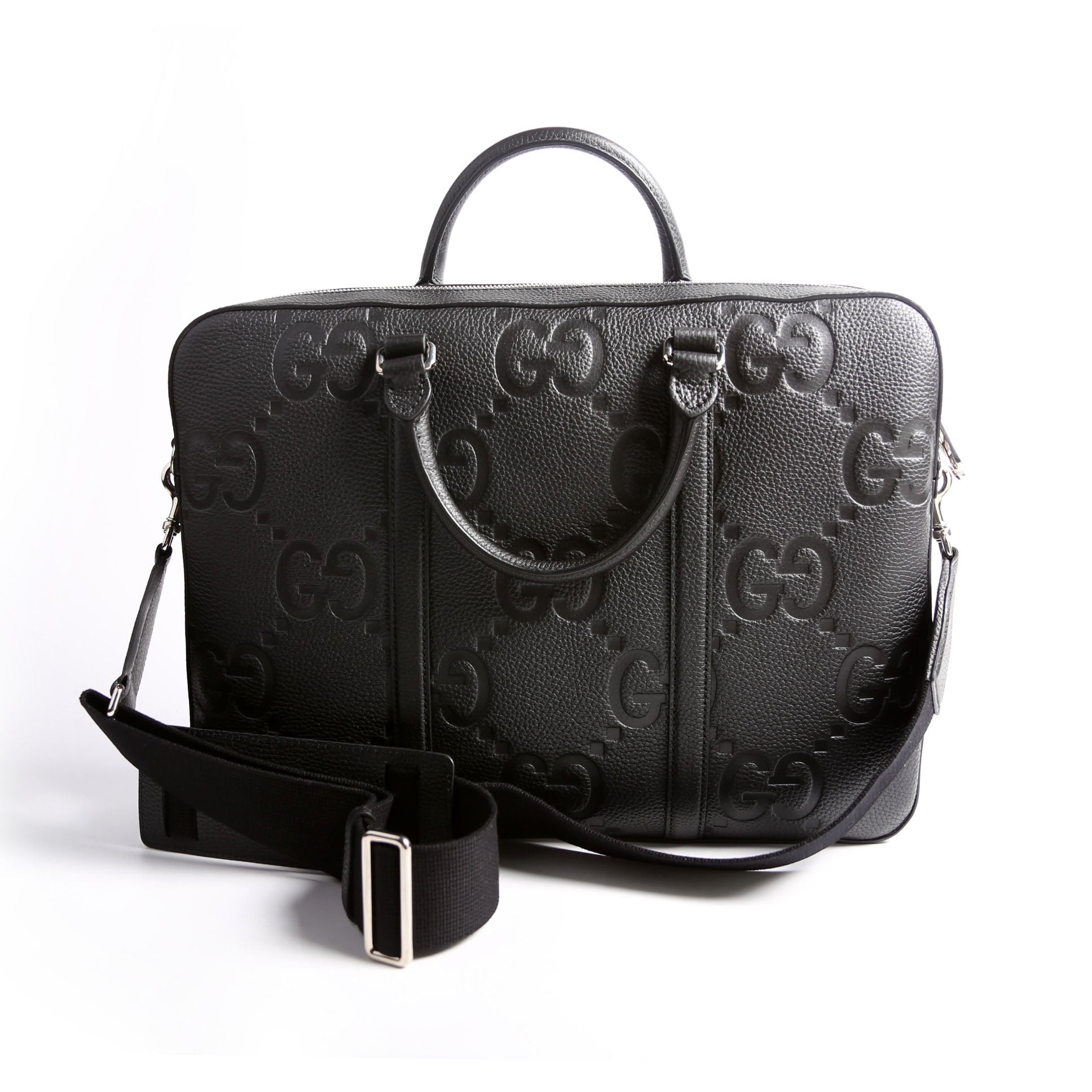 Gucci 658573 Jumbo GG Leather Briefcase Black/Silver