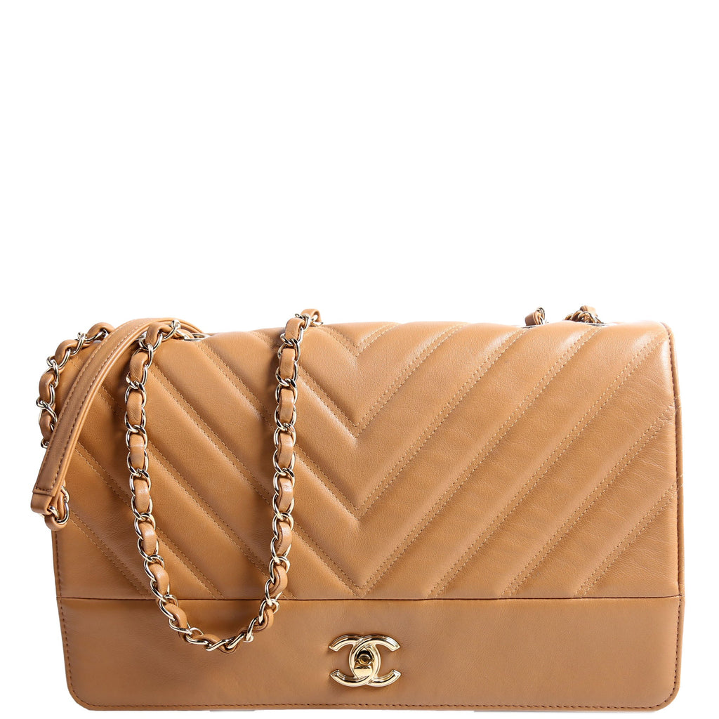 Double Stitch Chevron Medium Full Flap 29M Tan/Gold
