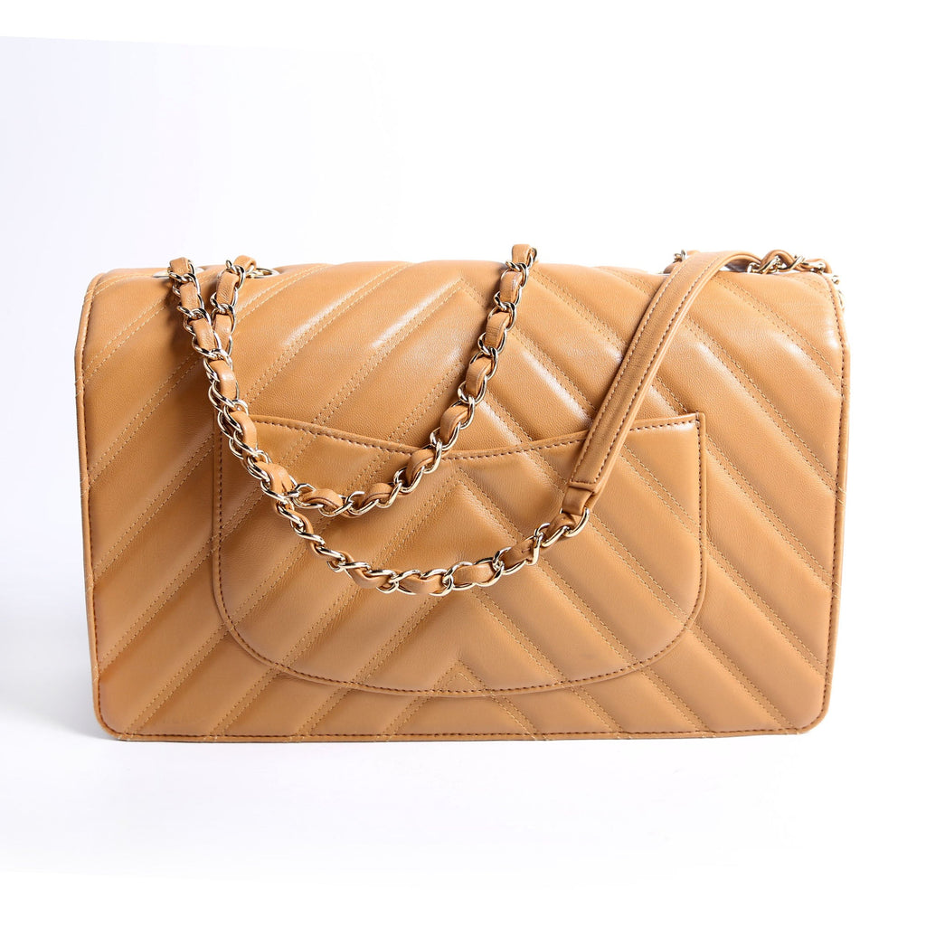Double Stitch Chevron Medium Full Flap 29M Tan/Gold