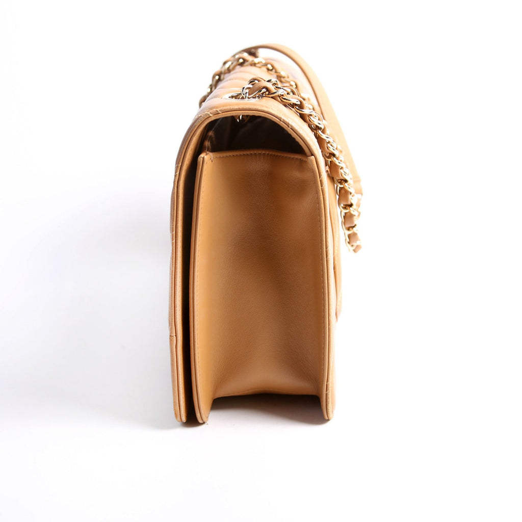 Double Stitch Chevron Medium Full Flap 29M Tan/Gold