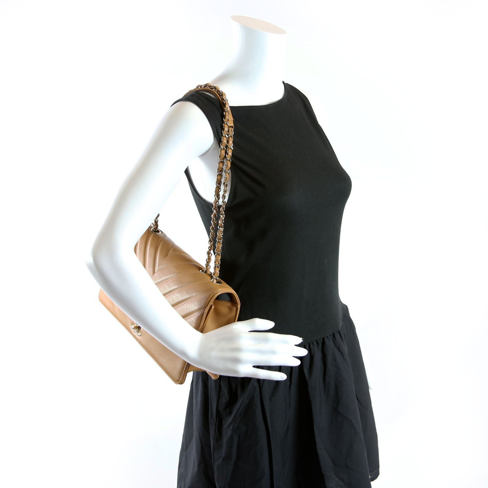 Double Stitch Chevron Medium Full Flap 29M Tan/Gold