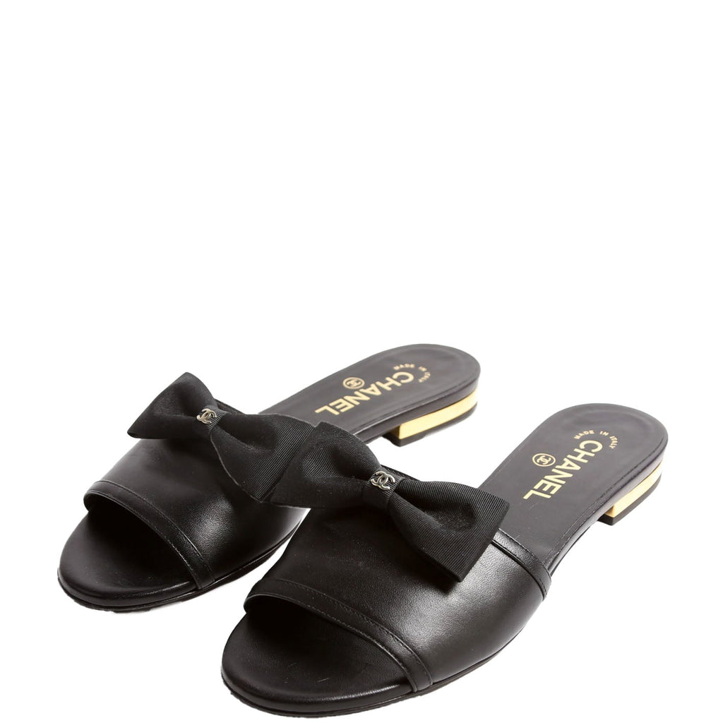 CC Bow Slide Sandals Calfskin Size 37.5 Black