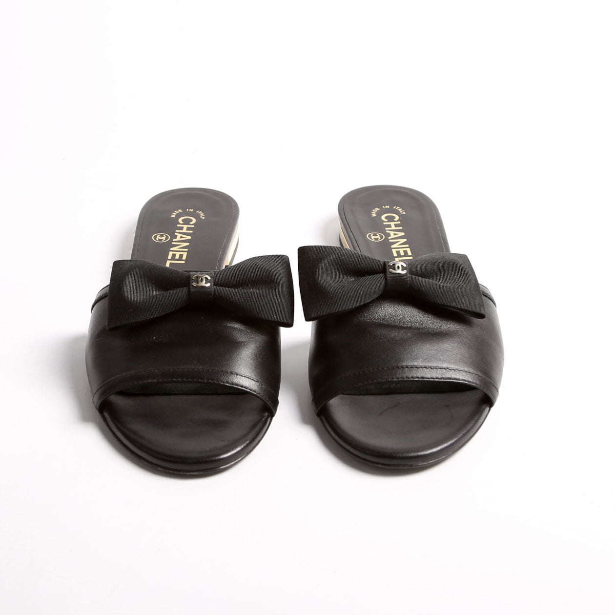 CC Bow Slide Sandals Calfskin Size 37.5 Black